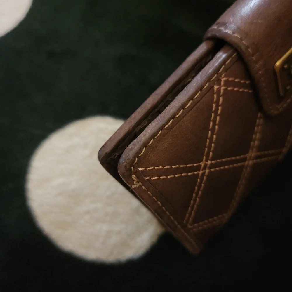 Fossil crosshatched embroidered slim brown leather snap wallet